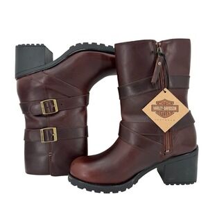 NWD Harley-Davidson Womens Burgundy Leather Moto Boots Size 8.5 Mid Calf Buckle